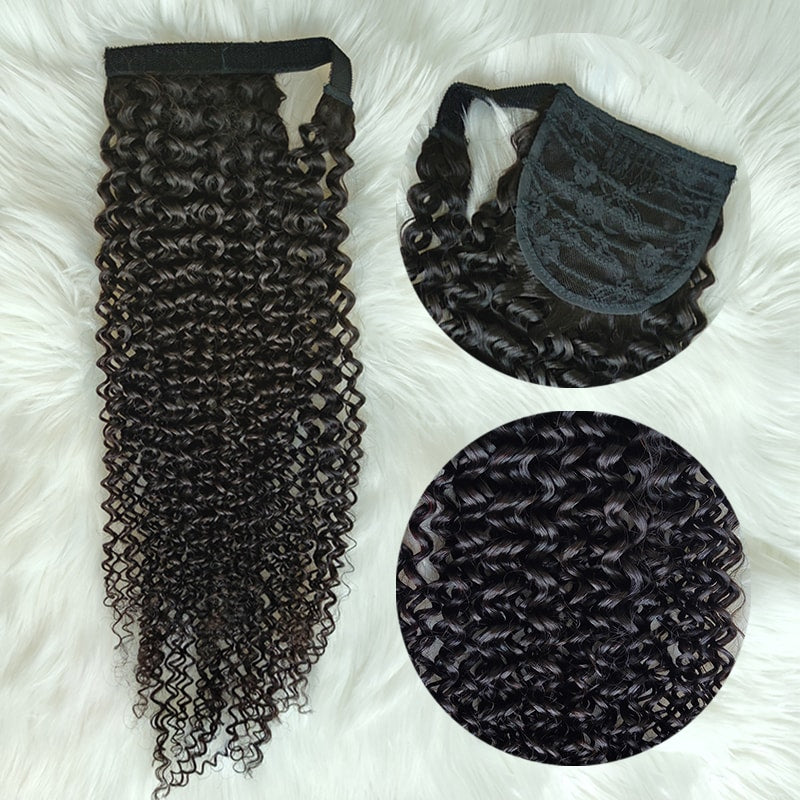 Wrap-around Magic Velcro Ponytail Extension Hair Kinky Curly Ponytail With Clip In 100% Human Hair