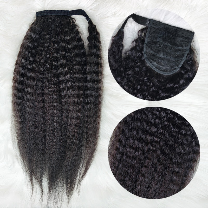 Wrap-around Magic Velcro Ponytail Extension Hair Kinky Straight Ponytail With Clip In 100% Human Hair