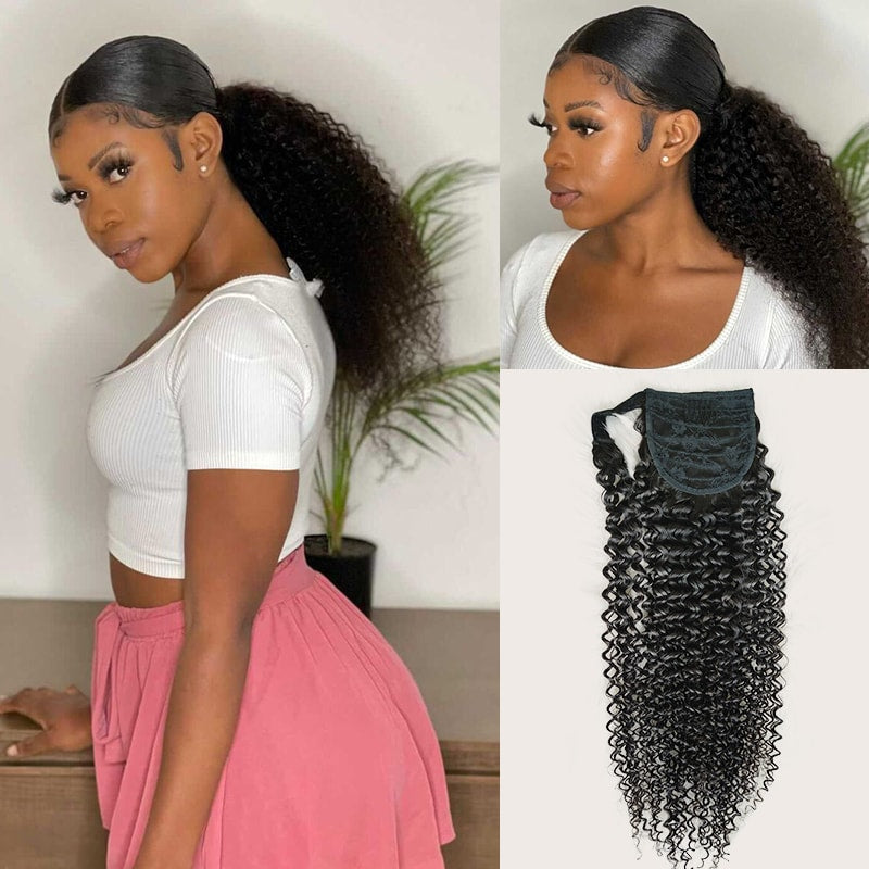 Wrap-around Magic Velcro Ponytail Extension Hair Kinky Curly Ponytail With Clip In 100% Human Hair